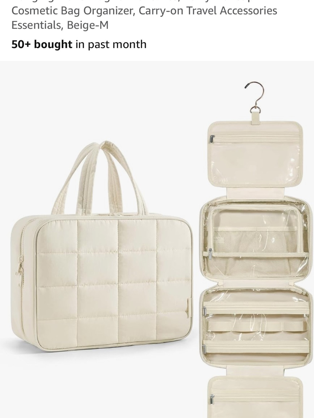 Quilted Cream Travel Cosmetic Organizer Bag with Hanging Hook